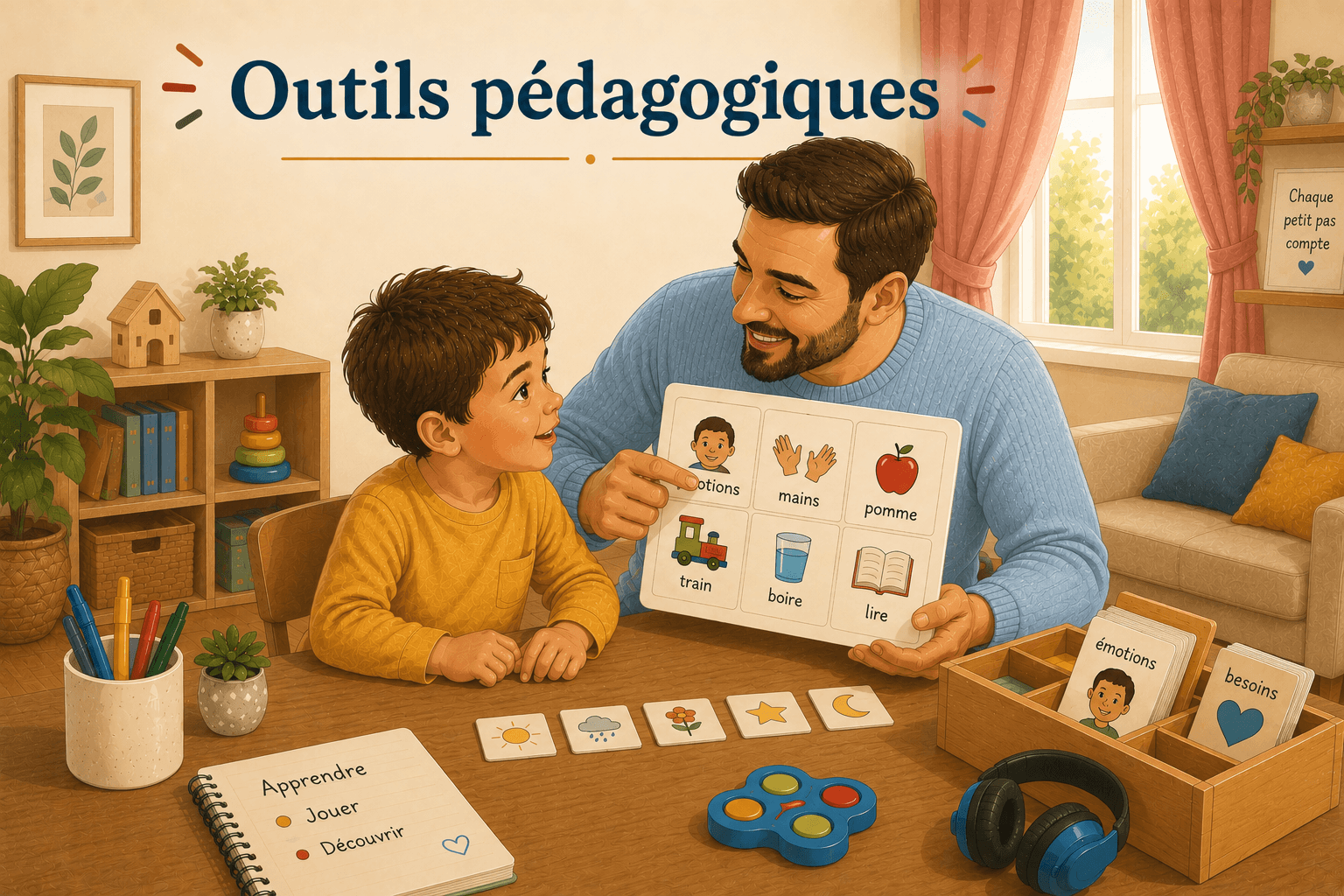 Un parent et son enfant utilisent un tableau de communication par images