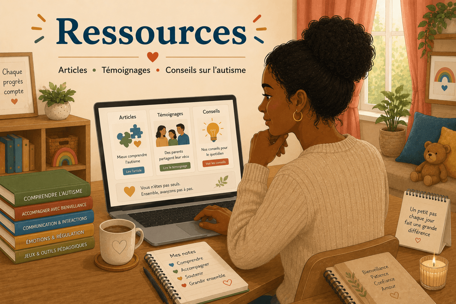 Une maman consulte des articles et des ressources sur l'autisme sur son ordinateur